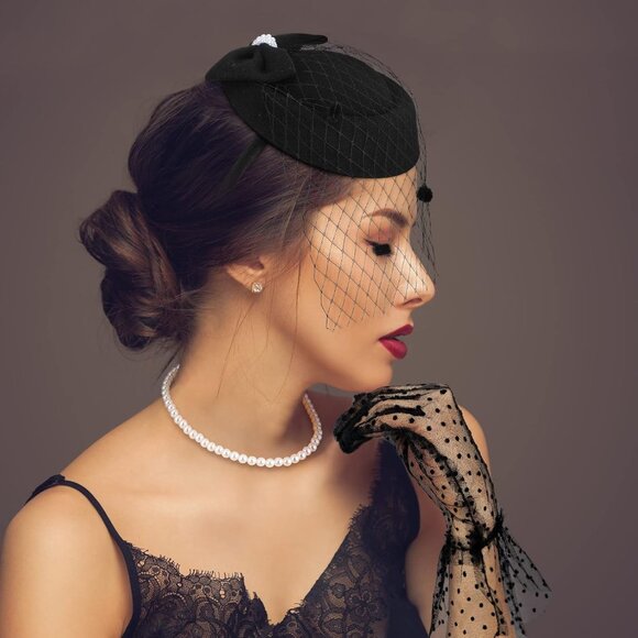 Fascinators Hat Set Mesh Pearls Lace Gloves Necklace Vintage Costume Accessory - Picture 4 of 7